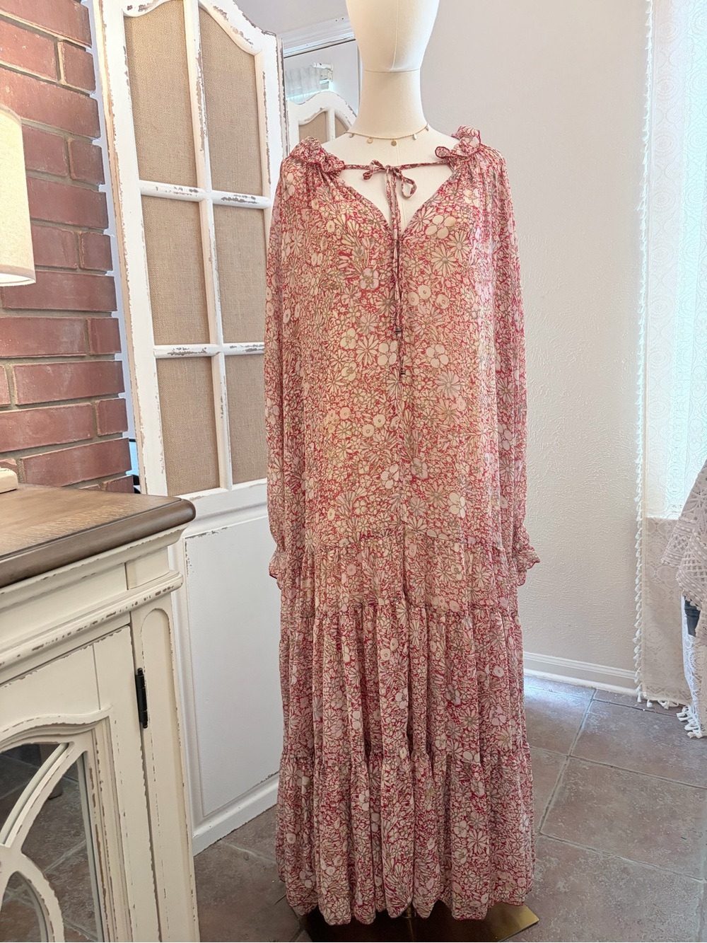 Free People  Pink Floral Sheer Tiered Boho Maxi Dress With Detachable Slip XL